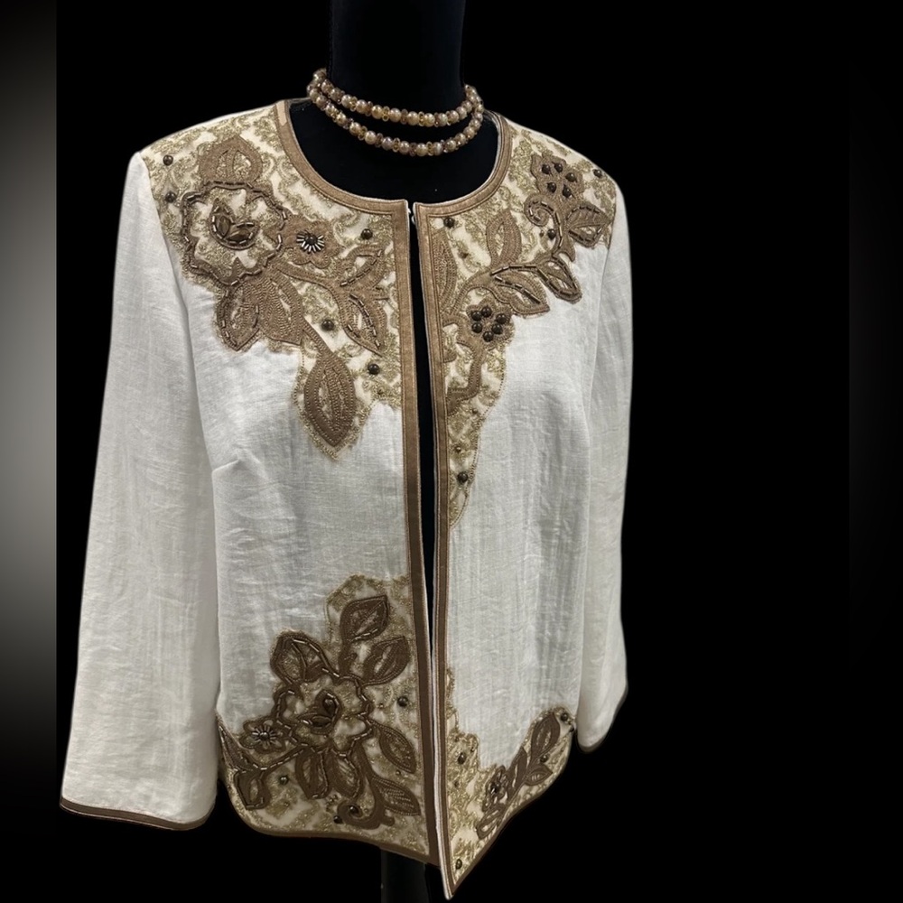 CHICO’S Open FrontJacket With Elaborate Gold-Toned Embroidery And Embellishments